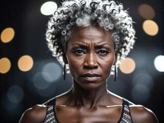 Serious African middle-aged woman with Grey hair looking at camera. Close-up Female portrait. - Powered by Adobe