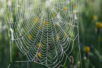 Spider web on the grass. Blurred background.