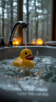 Ducha de agua caliente rellenando ba&ntilde;era, chorro cayendo sobre la cabeza de un pato de goma amarillo, generando espuma, borboteando, modo jacuzzi, luces de vela y ventanal de fondo