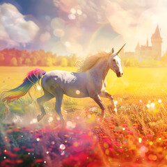 Obraz na płótnie Canvas Unicorn legendary horse with rainbow tail in dramatic scene running in the grass field with castle in the background.