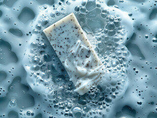 Pastilla de jabón blanco artesanal con trocitos de vainilla vista aérea, esta metido en el agua rodeado de espuma se respira olor a frescura, tonos azulados