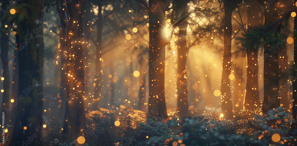 Poster a forest with trees and a lot of light shining through the leaves. the light is creating a magical a