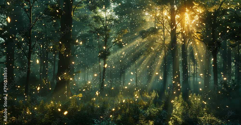 Poster a forest with trees and a lot of light shining through the leaves. the light is creating a magical a
