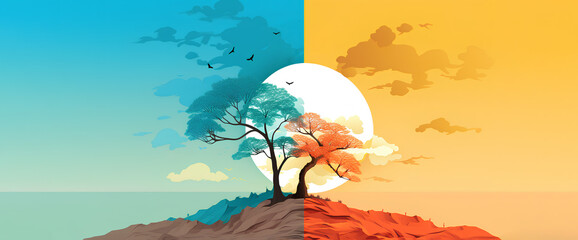 Colorful illustration of a tree on a hill and the moon behind. Red and blue. Changing season of nature. Save the planet.