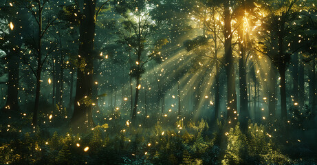 A forest with trees and a lot of light shining through the leaves. The light is creating a magical atmosphere
