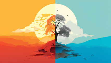 Colorful illustration of a tree on a hill and the moon behind. Red and blue. Changing season of nature. Save the planet.