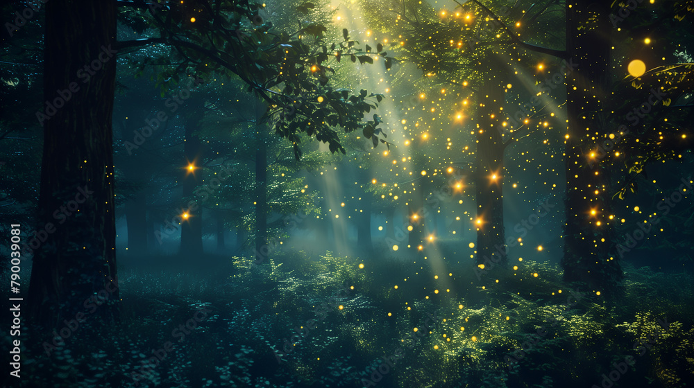 Poster a forest with trees and a lot of light shining through the leaves. the light is creating a magical a