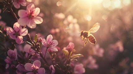Bee and flowers - obrazy, fototapety, plakaty