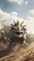 A herd of Triceratops, outfitted with makeshift roller skates made from giant leaves, raced across a prehistoric mudflat, kicking up clouds of dust