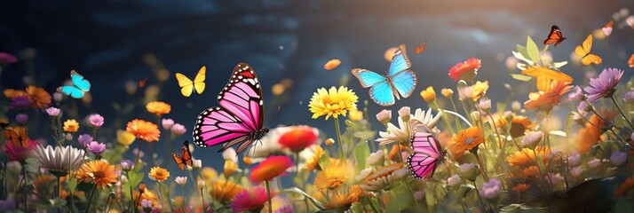 A humming chorus filled the air as a family of butterflies, their wings shimmering with vibrant colors, danced among a field of flowers, collecting pollen and spreading life - obrazy, fototapety, plakaty