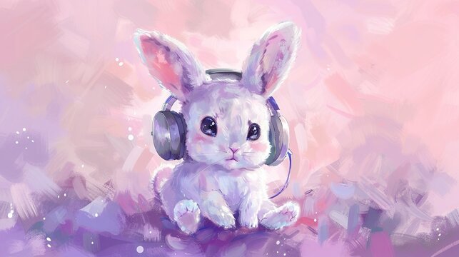 Cute chibi baby bunny wearing headphones, light pink and purple background, colorful detailed oil painting illustration