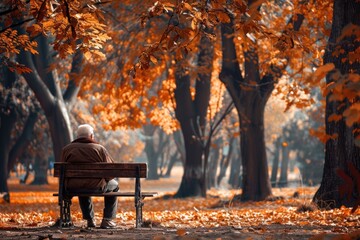Adult senior sitting on bench, autumn. - obrazy, fototapety, plakaty