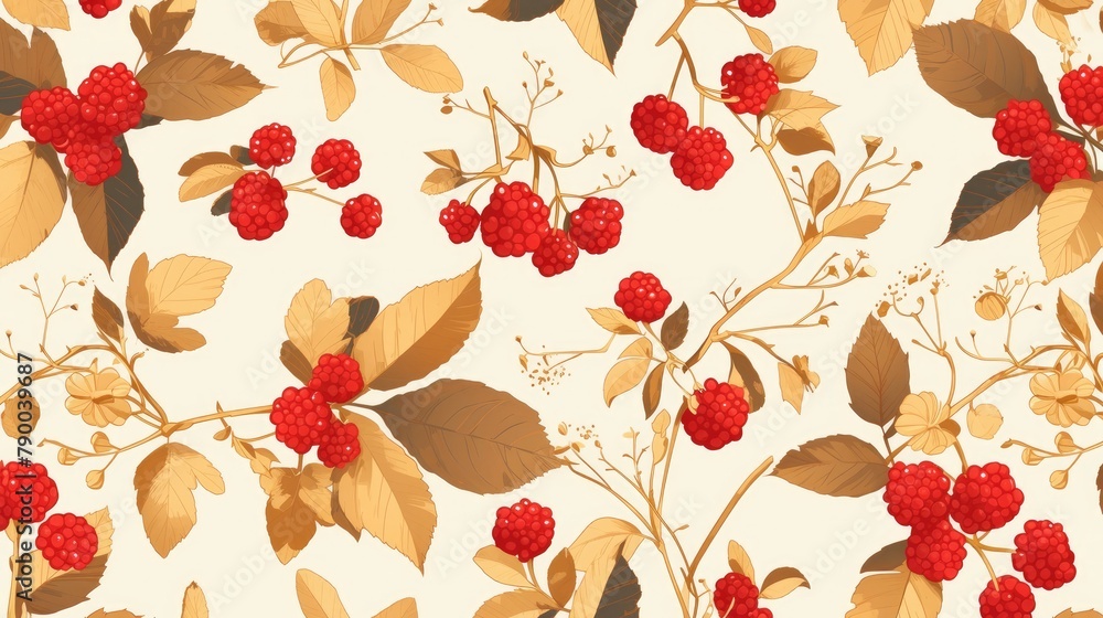 Poster a smooth and delightful 2d background featuring a charming arrangement of raspberries and leaves in 