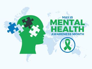 May is Mental Health Awareness Month poster vector illustration. Human head with jigsaw puzzle pieces icon vector. Mental illness symbol. Template for background, banner, card. Important day