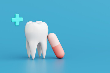 White 3D tooth or molar with capsules and plus symbol on blue background. Dentistry, medicine for toothache, prevention of tooth decay and bad breath. clipping path. Copy space. 3D Illustration.