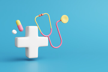3D plus symbol, stethoscope, capsule medicine, pills on blue background. pink blue pastel. health check consult a doctor and disease treatment at hospital. clipping path. Copy space. 3D Illustration.