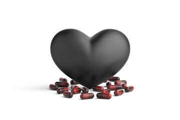 3D black heart and pill capsules on white background. Dangerous drugs or poisons. Chemicals that are toxic to the body. Drug allergy. Objects with clipping path. Copy space. 3D Illustration.
