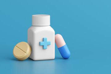3D white medicine bottle or pill jar with capsule medicine on blue background. Prescribing medicine or antibiotics, generic medicine. pharmacy and vitamin. clipping path. Copy space. 3D Illustration.