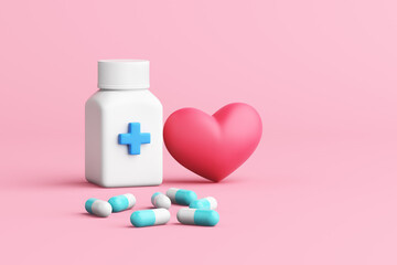 3D white medicine bottle or pill jar with pill capsule and red heart on pink background. Prescribing medicine or antibiotics. Heart disease. pharmacy and vitamins. Copy space. 3D Illustration.