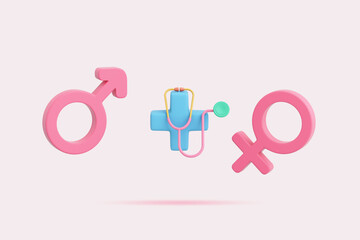 3D female male symbol sex gender with plus symbol, stethoscope. pink blue pastel. health check impotence or sexual dysfunction consult a doctor and disease treatment. clipping path. 3D Illustration.