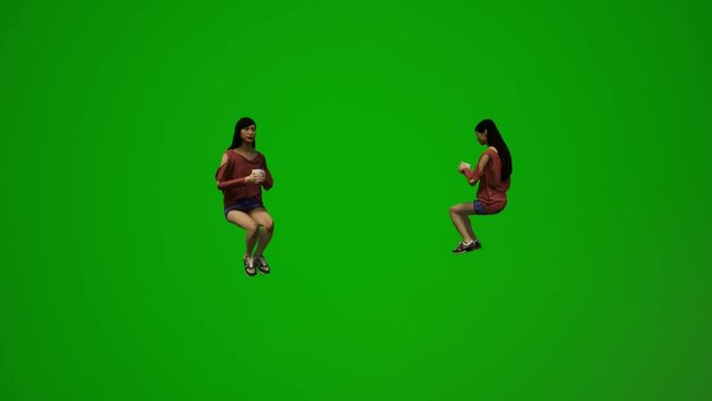 3D animation of Asian and Chinese woman on green screen sitting and talking and relaxing render animation 