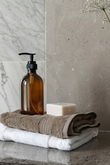 Mockup of a hand wash bottle on a creamy marble generated.Ai - obrazy, fototapety, plakaty