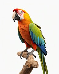 Brighteyed parrot perched, vivid colors contrasted against a stark white background, vibrant and attentiongrabbing