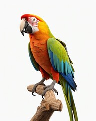 Fototapeta premium Brighteyed parrot perched, vivid colors contrasted against a stark white background, vibrant and attentiongrabbing
