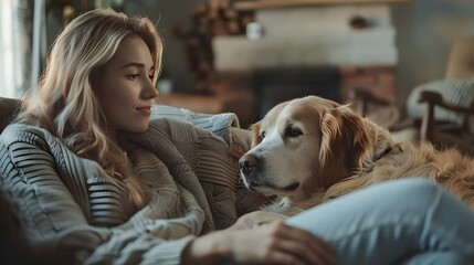 Soothing Solace A Freelancer s Companionable Moment with Their Loyal Canine in a Cozy Living Room Setting