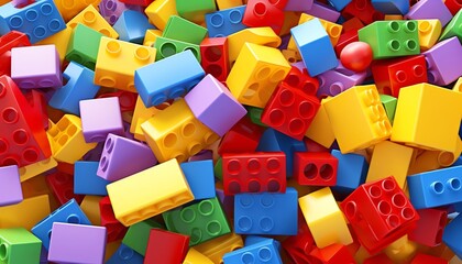 Brightly colored toy blocks scattered, playful and inviting, clear white background accentuating the vivid colors and simple shapes