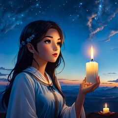 girl with candle in hands - obrazy, fototapety, plakaty