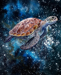 Kemps ridley sea turtle swimming in a fluid space like environment watercolor painting