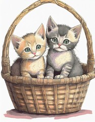 two kittens in a basket - obrazy, fototapety, plakaty