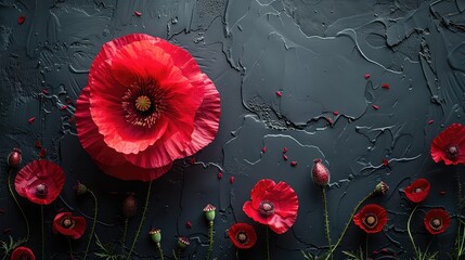 Red poppy flower on black background - obrazy, fototapety, plakaty