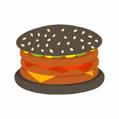Burger with triple cutlet, black bun, ketchup, mustard, cheese, slice of cucumber icon in cartoon style. Vector illustration isolated on white background. For menu, poster, infographic, restaurant.