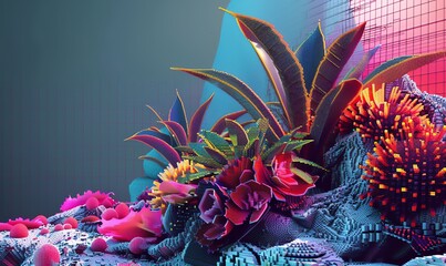 Create a digital rendering of a futuristic rare plant garden from a side angle using pixel art, infusing a blend of vibrant colors and geometric shapes to convey a sense of innovation and creativity - obrazy, fototapety, plakaty