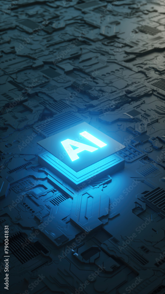 Aufkleber circuit board and ai micro processor, artificial intelligence. 3d render