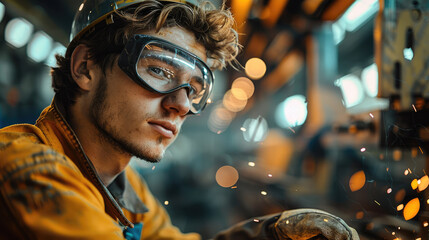 Young male welder working in machine shop. Generative AI. - obrazy, fototapety, plakaty