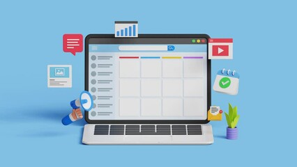 Social media events and content planning concept. Social media planner organization management. Managing social media post. Events organizing process. 4K 3D animation