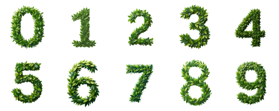 Fresh Leafy Numbers Collection, set of floral layout numbers  made from fresh green leaves isolated on white background	