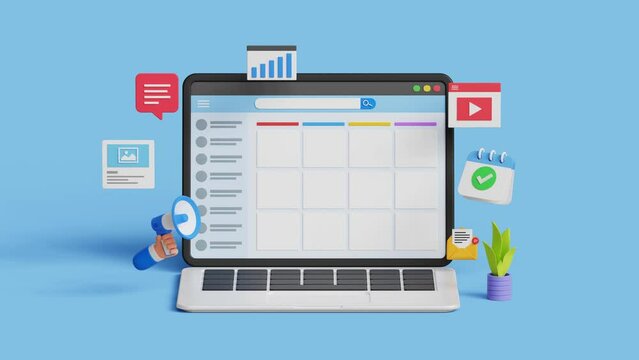 Social media events and content planning concept. Social media planner organization management. Managing social media post. Events organizing process. 4K 3D animation
