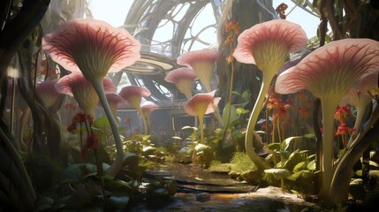 To escape the summer heat, a group of lizards took refuge inside giant pitcher plants, transformed into cool, refreshing flowershaped homes - obrazy, fototapety, plakaty