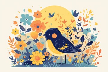 A blackbird in the sun, surrounded by flowers and clouds