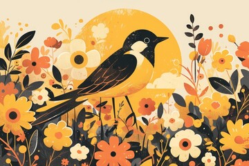 A blackbird in the sun, surrounded by flowers and clouds