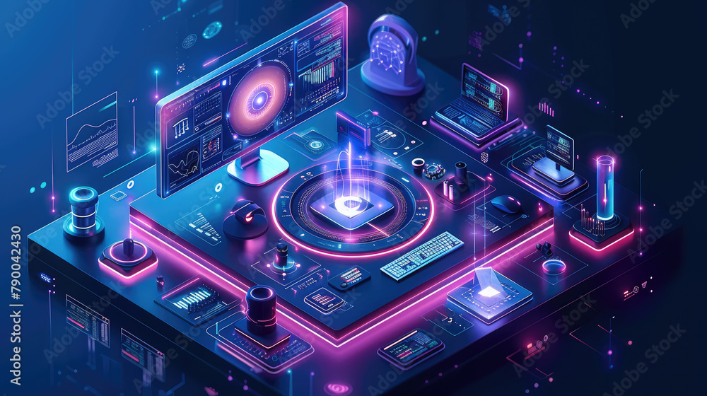 Poster Isometric illustration of an AI medical laboratory, There is tech equipment in the center, such as monitors displaying data or icons representing computer technology. Generative AI.