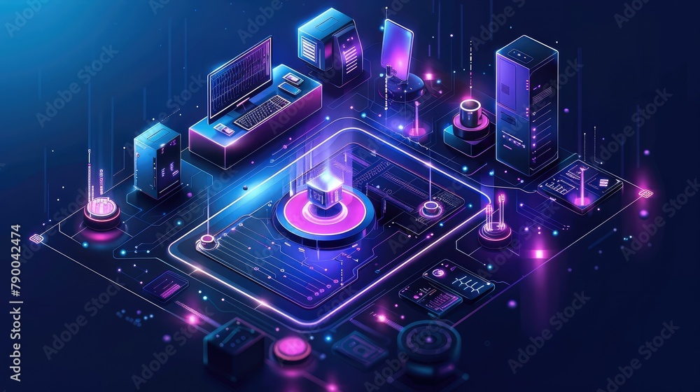 Poster Isometric illustration of an AI medical laboratory, There is tech equipment in the center, such as monitors displaying data or icons representing computer technology. Generative AI.