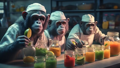 Wearing tiny lab coats and goggles, a team of chimpanzees experimented with different fruit combinations in their jungle laboratory, hoping to create the ultimate smoothie recipe - obrazy, fototapety, plakaty