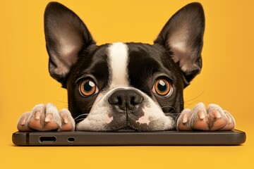 A Boston Terrier dog holding a Phone with both paws, showing the screen to the camera, with a surprised facial expression.