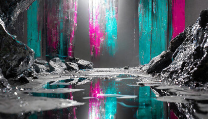 Abstract glitch art background with teal, fuchsia and metallic textures. Puddle with reflection. AI generated wallpaper.