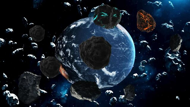 Vis&atilde;o art&iacute;stica de grupo de asteroides pr&oacute;ximos a Terra.